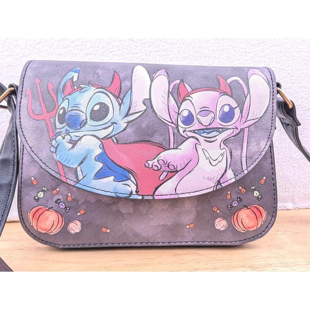 Loungefly Disney Stitch Angel Halloween Devil Crossbody Bag Grey Pumpkin Scrump